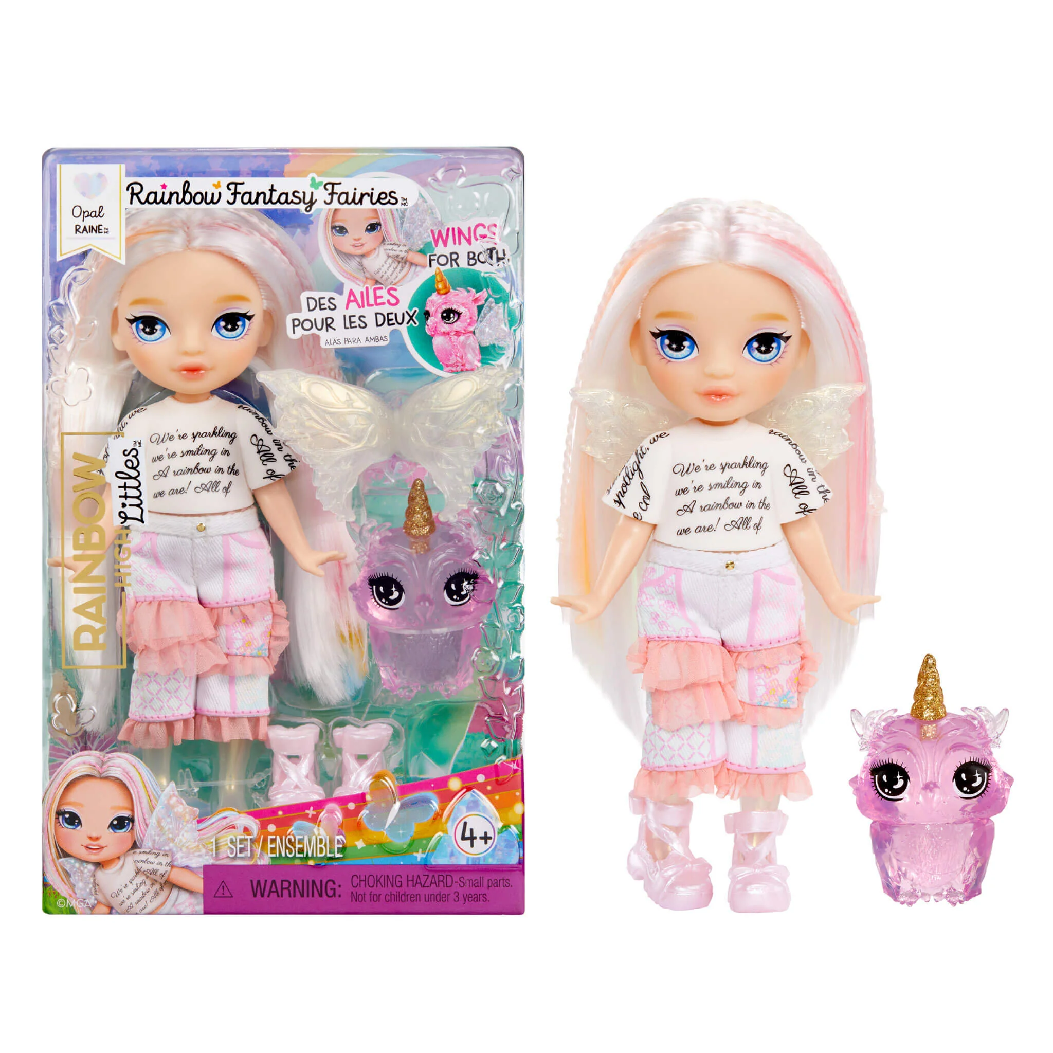 Rainbow High Littles Rainbow Fantasy Fairies with Pet – Opal, Rainbow, 5.5" Posable Small Doll & Fantasy Owl Pet