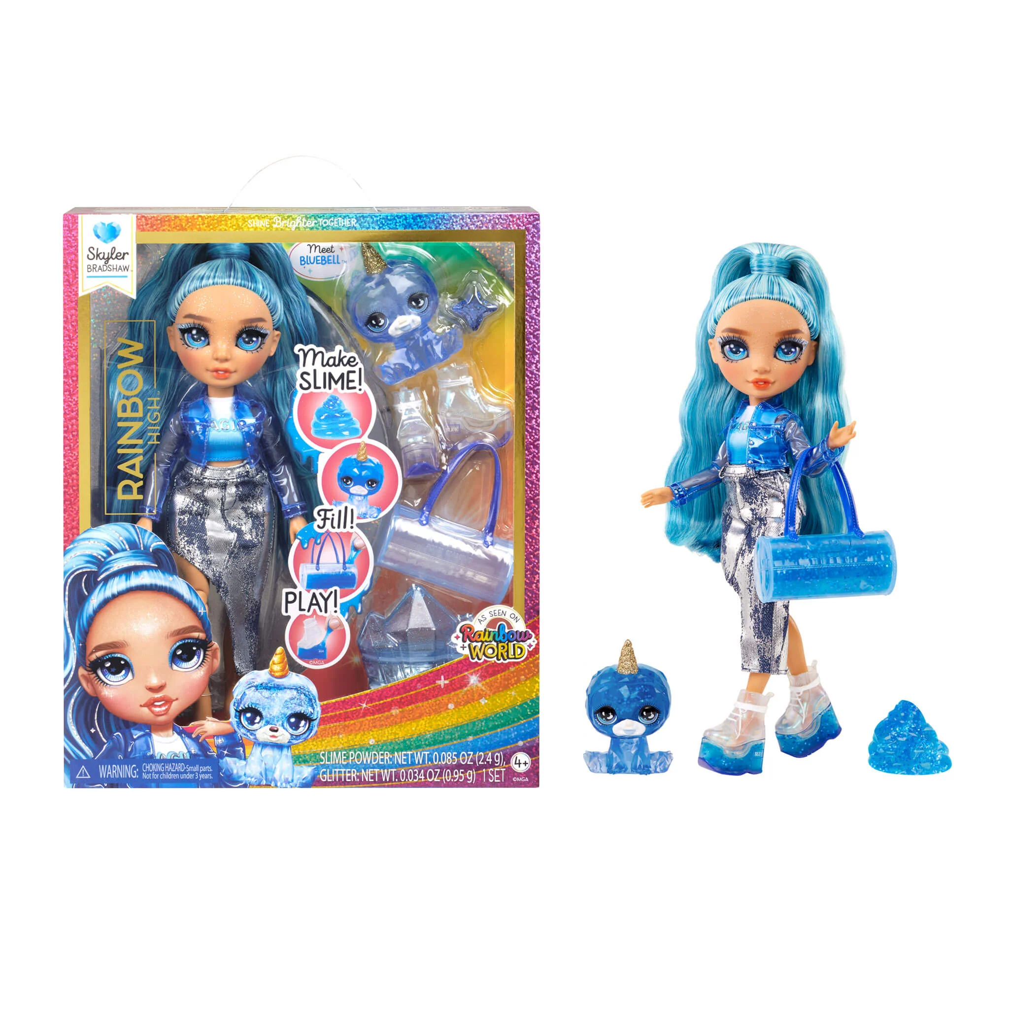 Rainbow High Skyler (Blue) with Slime Kit & Pet - Blue 11” Shimmer Doll with DIY Sparkle Slime