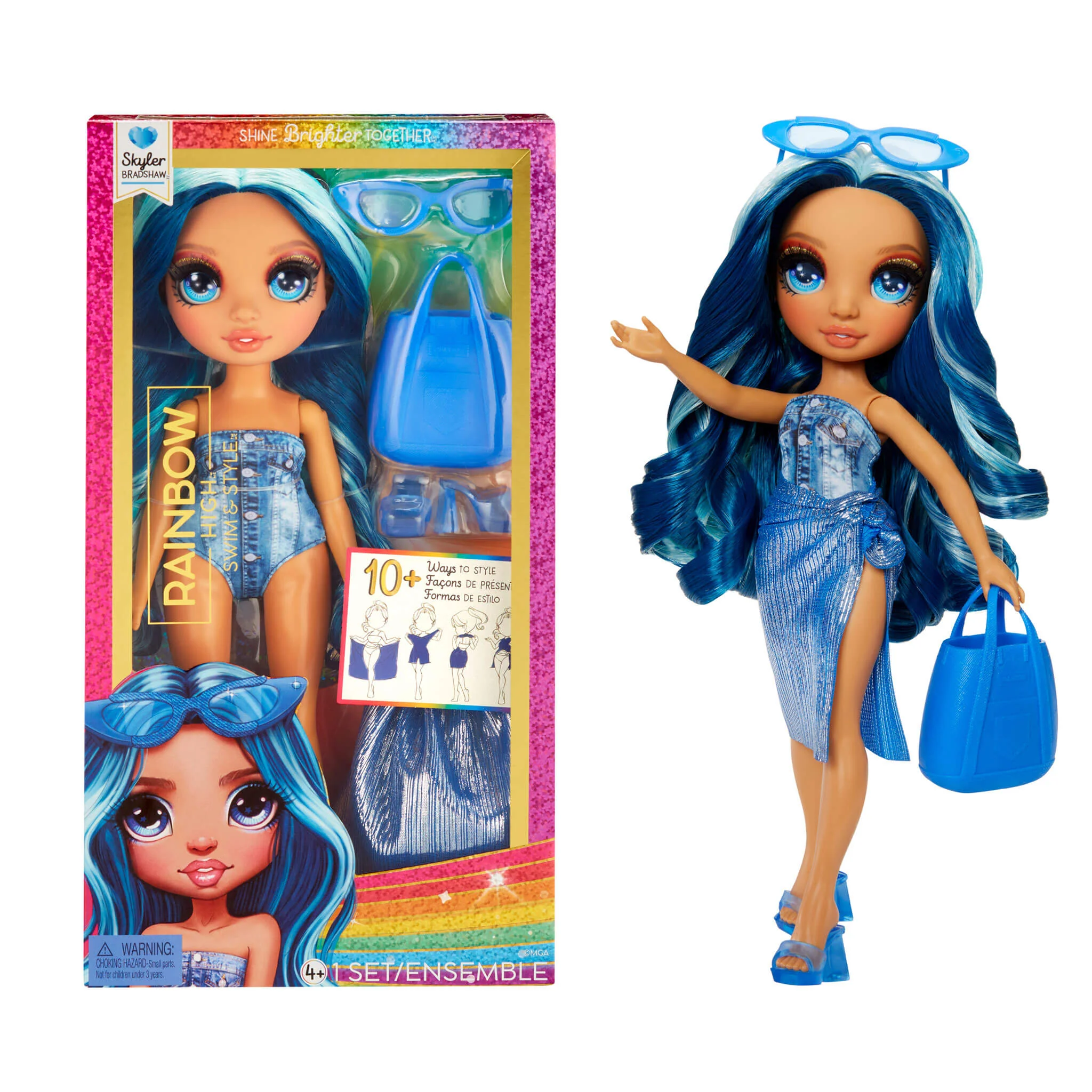 Rainbow High Swim & Style Skyler (Blue) 11” Doll with Shimmery Wrap