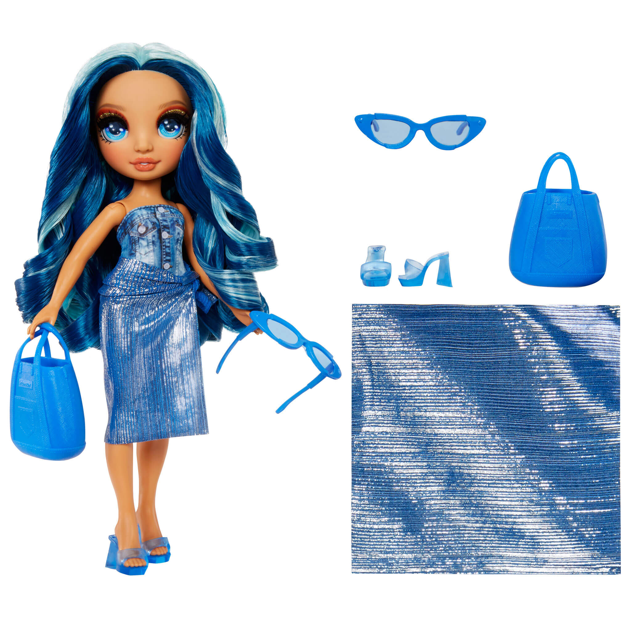 Rainbow High Swim & Style Skyler (Blue) 11” Doll with Shimmery Wrap