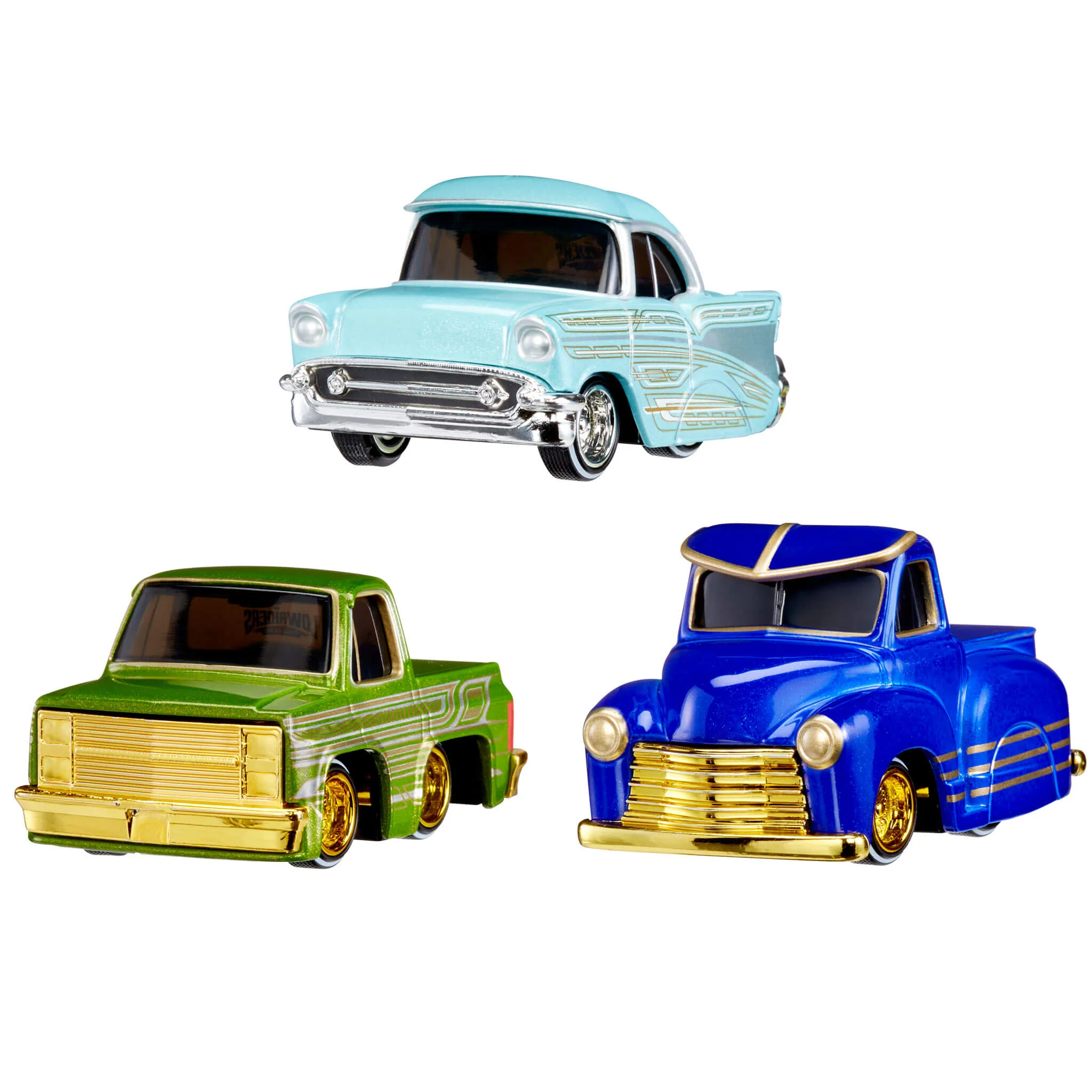 CarTuned 3 Pack Series 1-Cruizn Da Blvd & Drip'd 1957 Chevy Bel Air (Lowrider), 1987 Chevy C10 Truck (Lowrider), 1953 Chevy Pickup (Lowrider), Diecast Vehicles