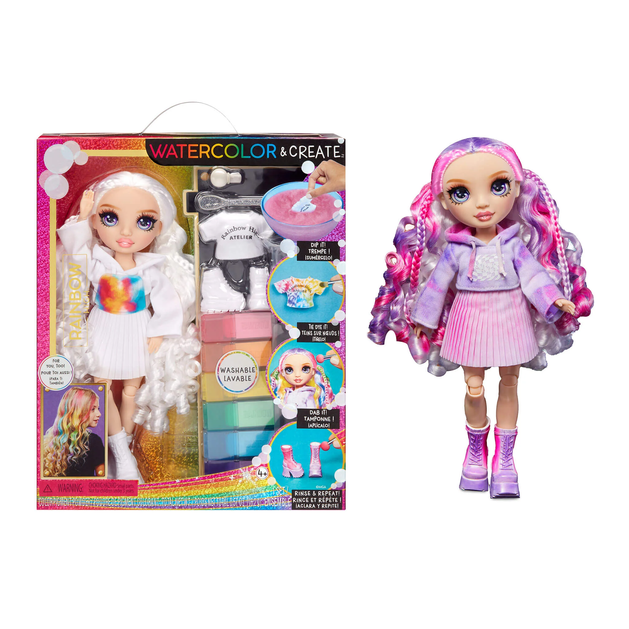 Rainbow High Watercolor & Create Fashion DIY Doll, Purple Eyes with Washable Watercolors and Tie-Dye Kit