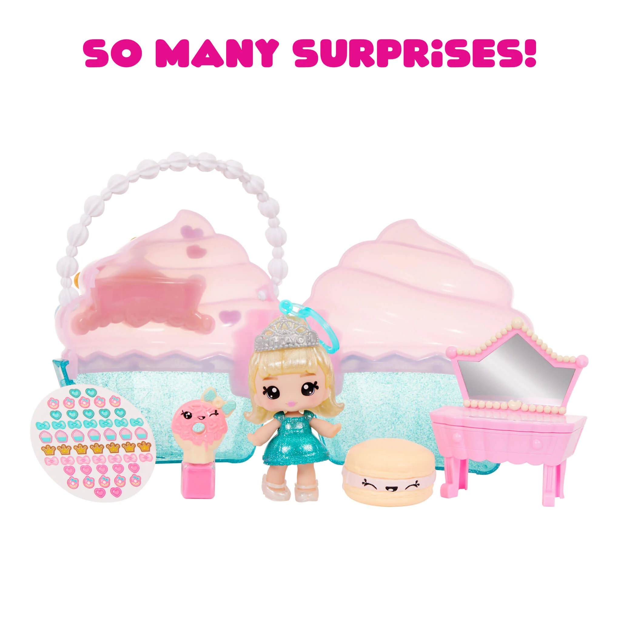 Yummiland Beauty Bag Playset + Lip Gloss Doll - Cupcake Bag with Exclusive Callie Birthday Cake Doll