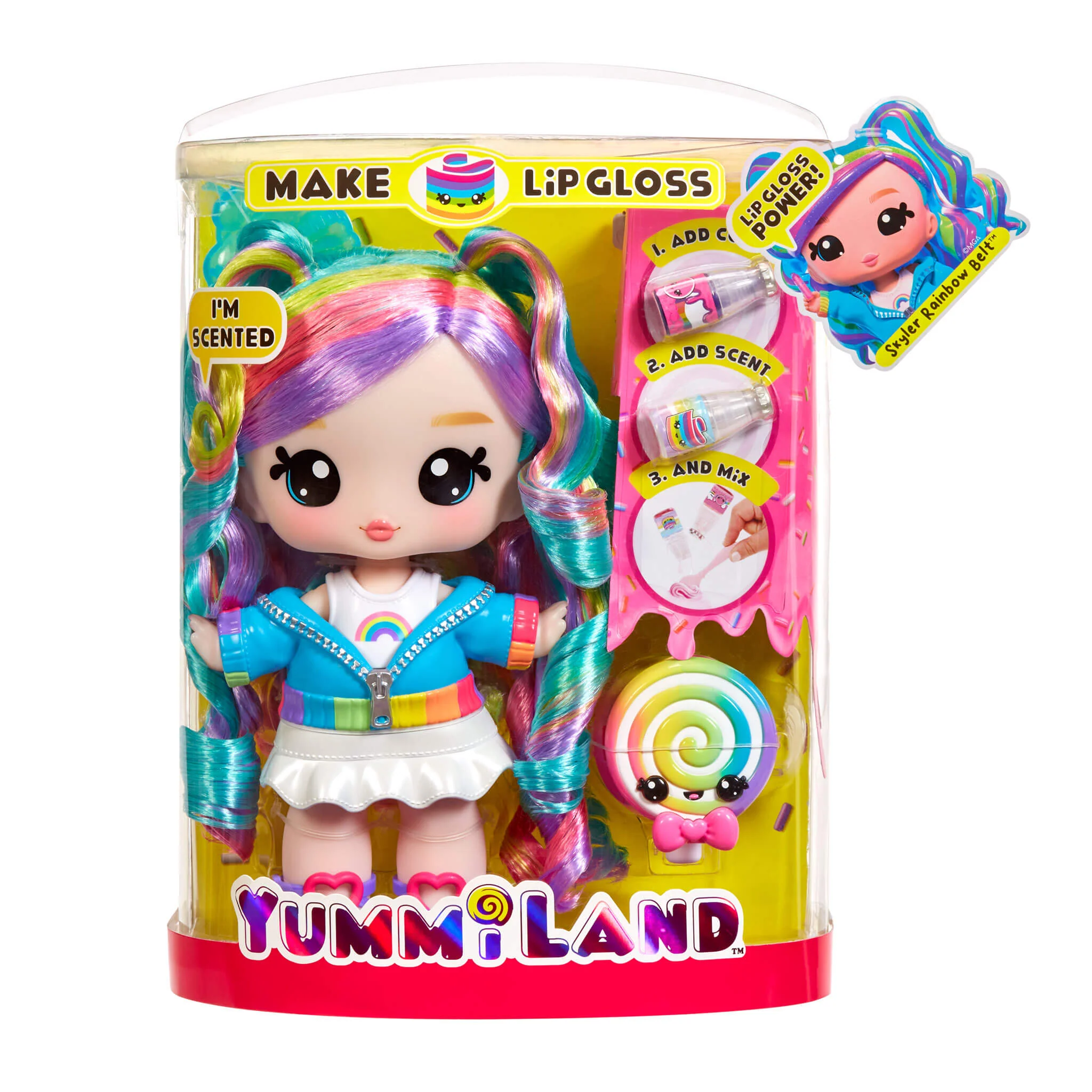 Yummiland Large Doll + Lipgloss Pet - Skyler Rainbow Belt