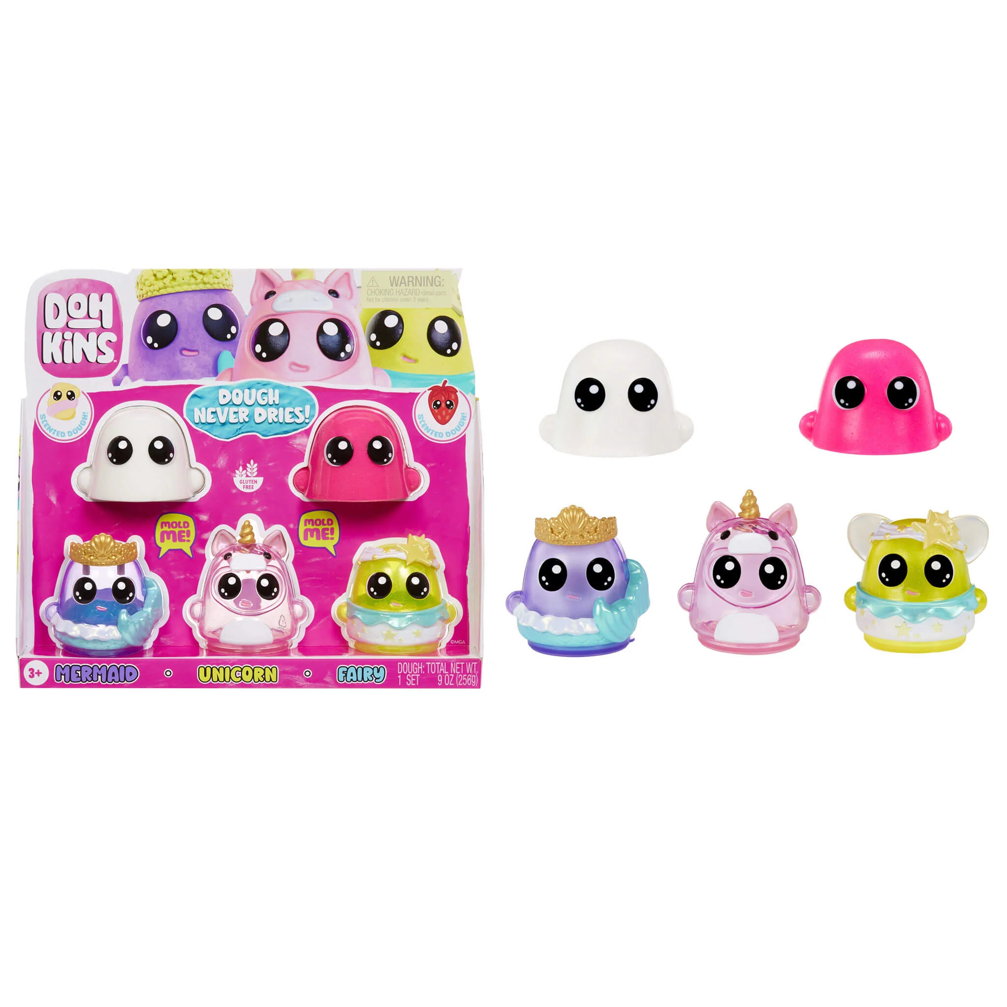 DohKins Fantasy Pack Characters, Mermaid, Unicorn, Fairy - Dough Never Dries